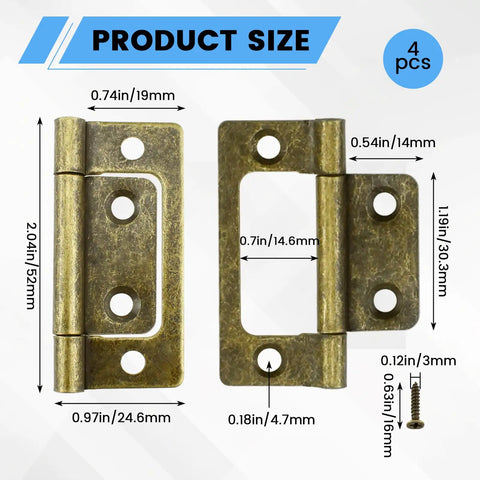 Rock Solid 4 Pack Non Mortise Door Hinges Bronze Finish Heavy Duty Bifold Cabinet Hardware with size details and screws included.