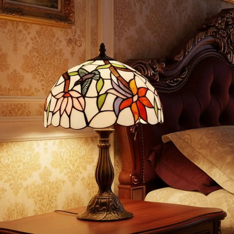 Tiffany Style Hummingbird Stained Glass Table Lamp With 12 Inch Shade And 18 Inch Tall Antique Green Bronze Base Ideal Bedside