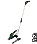 Cordless Grass Shear And Shrub Trimmer With Wheeled Extension Handle Seven Point Two Volt Lithium Ion Battery shown with blades