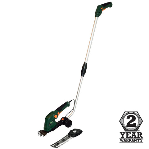 Cordless Grass Shear And Shrub Trimmer With Wheeled Extension Handle Seven Point Two Volt Lithium Ion Battery shown with blades