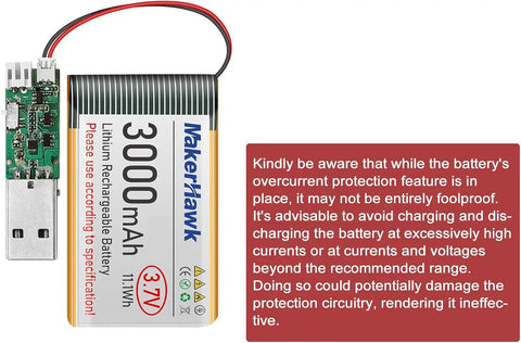 Beefy 3.7V 3000mAh LiPo Battery 1S With Protection Board Micro JST 1.25 Plug For Arduino ESP32 Development Board Two Pack Includes Insulated Rubber Tape 103665 Size, showing battery design with caution note.