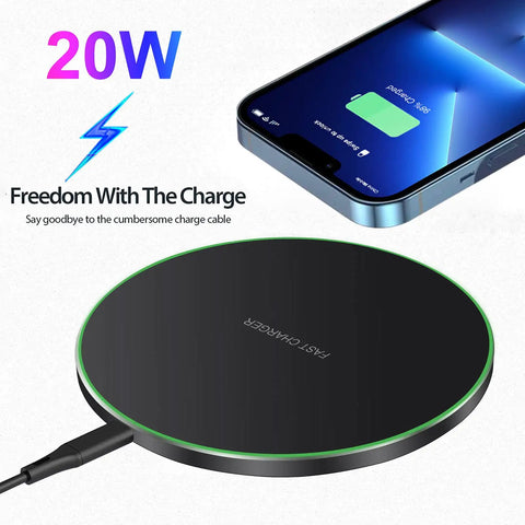 20W Fast Wireless Charging Pad For iPhone 17 16 15 14 13 12 SE AirPods Samsung Galaxy S25 S24 Note Pixel And LG Slim Qi Charger Mat With Case Friendly Design And Overheat Protection, showing black circular pad with phone charging.