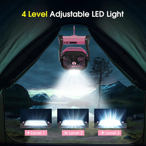 Go To Portable 20000mAh Rechargeable Fan With LED Lantern in tent with adjustable lighting levels shown