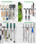 Heavy Duty Wall Mount Mop And Broom Holder With Five Slots And Four Hooks Self Adhesive Stainless Steel Organizer holding various tools.
