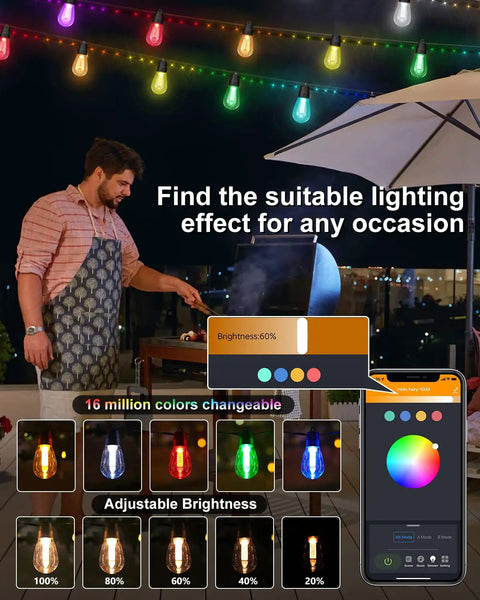 Outdoor 50ft Smart RGBw String Lights With Waterproof Rope Fairy Lights Bluetooth App Remote Control And Dimmable Color Changing Modes for grilling at night on patio.