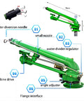 Heavy Duty Farm Irrigation Sprinkler With 360 Degree Spray For Wide Coverage, showing detailed parts and nozzle system layout.
