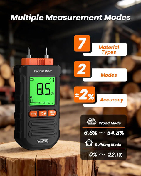 Pin Type Wood Moisture Meter For Firewood And Lumber With Drywall And Building Materials Readings, Direct Contact Pins, 0.0 To 58.0 Percent Range, Two Percent Accuracy, Seven Material Modes For Fast DIY And Pro Timber Checks on wood log