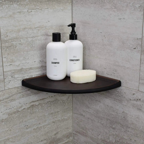 Oil Rubbed Bronze 9 Inch Corner Shower Shelf For Inside Tiled Showers with shampoo, conditioner, soap