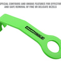 Green nylon tool from Scratch Free Nylon Trim Removal Tool Kit For Auto Molding, Fasteners, And Bezels That Won't Scratch Paint Or Surfaces.