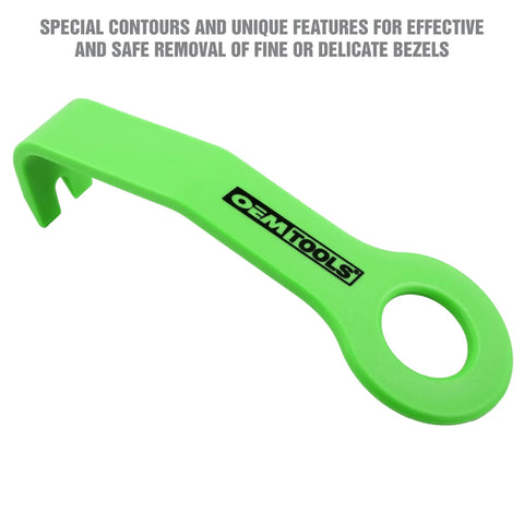 Green nylon tool from Scratch Free Nylon Trim Removal Tool Kit For Auto Molding, Fasteners, And Bezels That Won't Scratch Paint Or Surfaces.