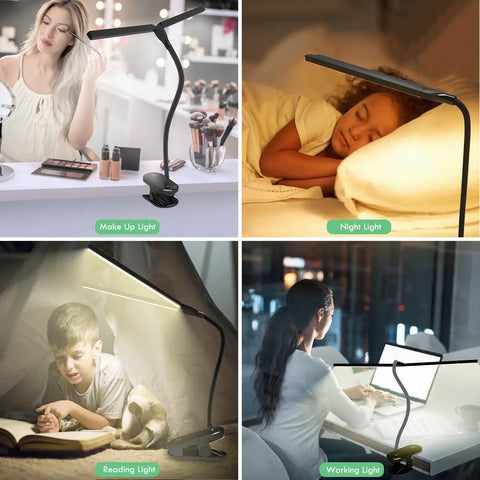 Two Head LED Reading Light With Clip used for makeup, night, reading, and working with flexible neck and stepless dimming.