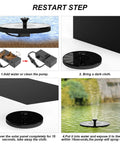 Sun Powered Solar Fountain Pump For Bird Bath And Garden No Battery Needed With Six Nozzles Auto Start In Seconds Eco Friendly Outdoor Water Pump For Pond Pool And Backyard, showing restart steps with dark cloth cover and water spray effect.