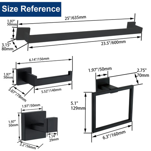 Matte Black 5 Piece Bathroom Hardware Set With 24 Inch Square Towel Racks, SUS304 Stainless Steel Towel Bar Set, size dimensions.