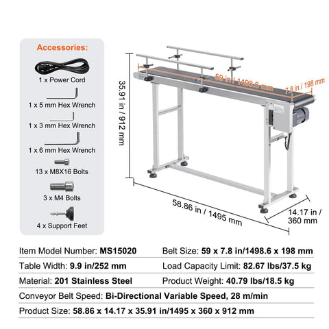 Industrial Grade Motorized Belt Conveyor For Inkjet Coding 59 By 7.8 Inch Stainless Steel Table with included accessories list