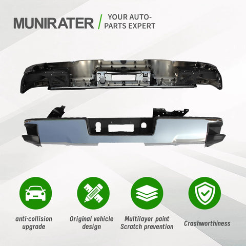 Rear chrome bumper assembly for 2014-2018 Silverado/Sierra 1500, 2-piece with mounting brackets, no park assist holes