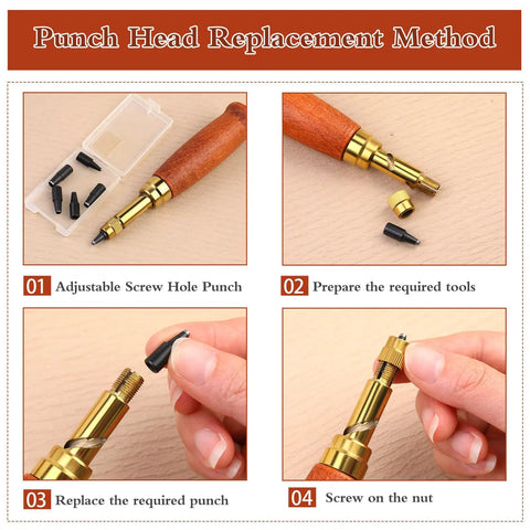 Punch head replacement steps for Premium Adjustable Leather Hole Punch Tool With Five Brass Drill Bits From 1.5MM To 4.0MM.
