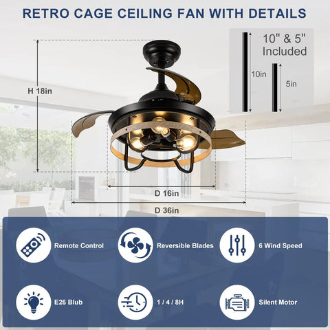Diagram of Dope Farmhouse Style Ceiling Fan With Light Black Cage Design Remote Control Retractable Blades 36 Inch
