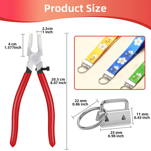 DIY Key Fob Hardware Set With Glass Running Pliers, keychain components in four colors, size specifications displayed.