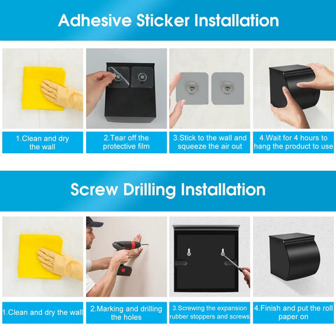 Step-by-step guide for installing Self Adhesive Toilet Paper Holder Waterproof Stainless Steel Matte Black Bathroom Accessory Cat And Dog Proof Easy Install Rustproof SUS 304 Construction For Any Bathroom using adhesive and screws.