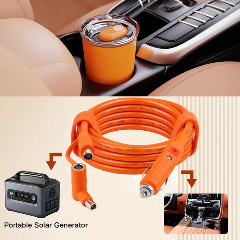 Heavy Duty 10 Foot 14Awg Car Charging Cable For Jackery Explorer Portable Power Stations showing orange cable in vehicle cup holder.