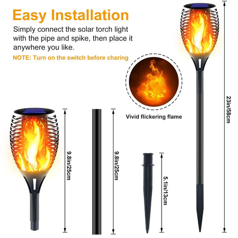 Huge Solar Torch Light With Flickering Flame That Looks Lit Upgraded Ultra Bright Outdoor Solar Lights unassembled with parts labeled.