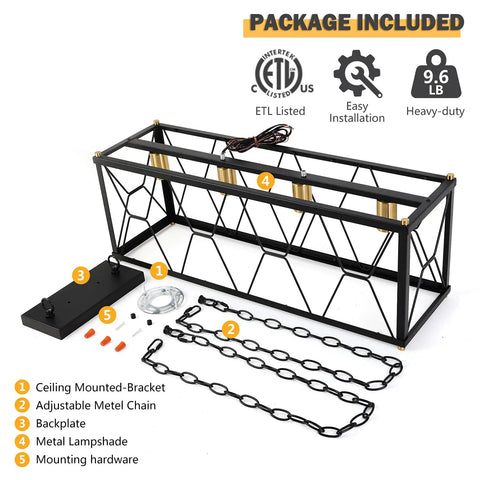 Package contents of Industrial Kitchen Island Pendant Light Fixture with Black Metal Cage and Brass Gold Accents.