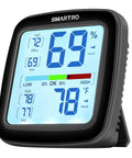 Pro Grade Digital Hygrometer And Indoor Room Thermometer With Swiss Sensors, Ultra Accurate Humidity Gauge With 0.5F Temperature Tolerance And Two Percent RH Range, 10 Second Update Rate For Precise Climate Tracking. Black digital hygrometer and indoor room thermometer on stand, showing 69% humidity and 78°F.
