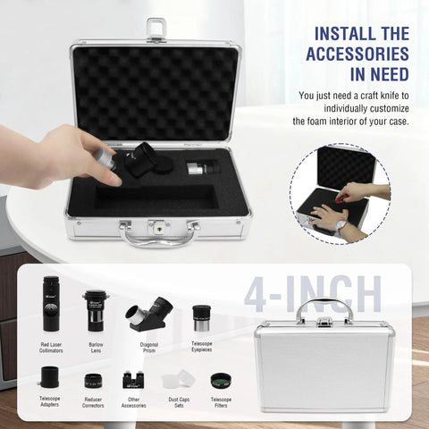 Hand placing eyepiece into aluminum telescope eyepiece and filter accessory case for 1.25 inch kits, showing foam lining.