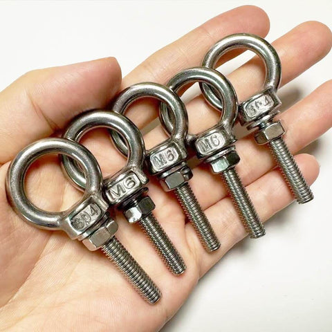 5 Piece 304 Stainless Steel Eye Bolts Set With Nuts And Flat Washers, M6 Shoulder Eyebolts held in hand, corrosion resistant.