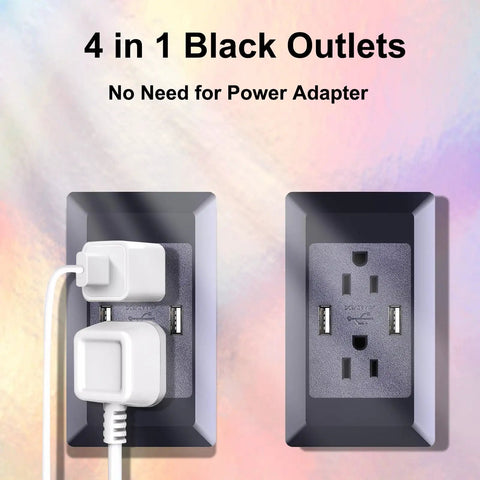 No Sweat Installation Slick Black Four In One Usb Outlet Receptacle With Dual Five Volt Two Amp Charger And Tool Free Screwless Wall Plates Hella Durable 15 Amp 125 Volt Etl Certified Forty Pack showing two black outlets with USB slots.