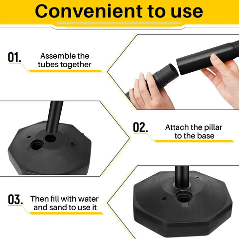 Assembly instructions for Four 34 Inch Plastic Traffic Delineator Cones with Weighted Fillable Base, highlighting tube connection and base.