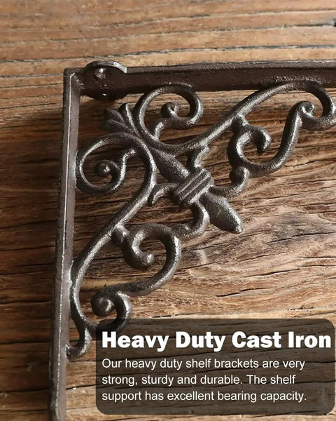 Heavy duty Rock Solid Vintage Cast Iron Shelf Brackets With Ornate European Scroll Design detail showing sturdy craftsmanship.