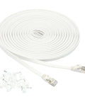 Flat Dope Cat 7 Ethernet Patch Cable 30 Foot Snagless RJ45 Gold Plated 600 MHz Gigabit Internet For Fast Home Networking White Includes 15 Nails For Secure Mounting.