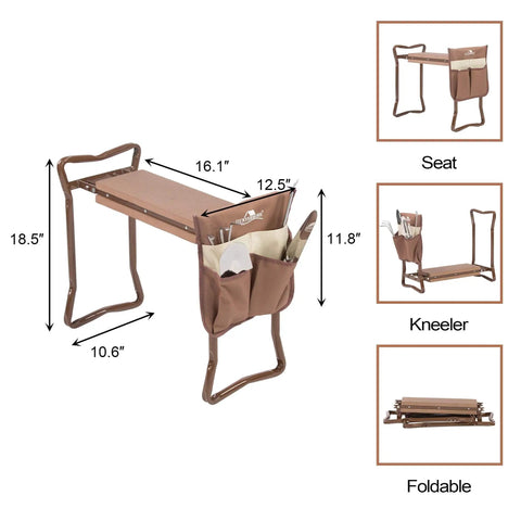 2 In 1 Garden Kneeler And Bench Folding Stool With Tool Pouches And Soft EVA Foam Cushions, Durable Brown Outdoor Kneeling Pad.