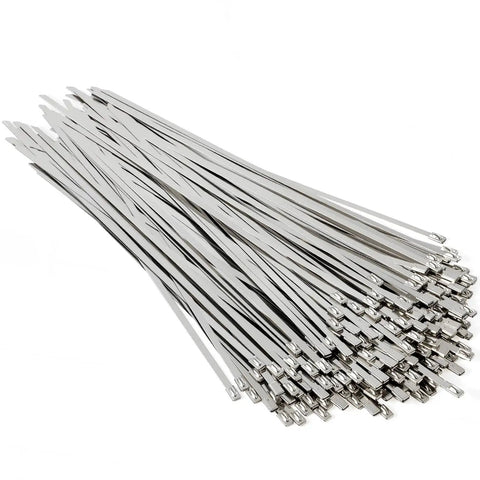 Ultra Tough Stainless Steel Zip Ties 200Pcs 11.8Inch for outdoor use, showing metal tie wraps piled on each other.
