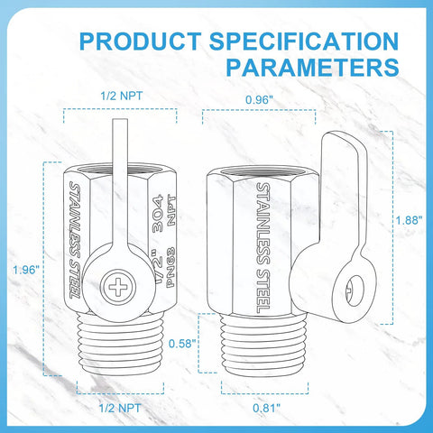 Shower head shut-off valve with lever, 304 stainless steel, 1/2 in NPT thread, front and side views.
