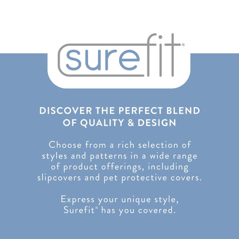SureFit logo with text about quality slipcovers including Duck Solid Box Cushion Sofa Slipcover One Piece With Elastic Seat Seam Relaxed Fit