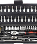 Heavy Duty Drive Socket Set With SAE And Metric Sizes displayed in blow-molded case, ratchet wrench kit with S2 and CRV sockets