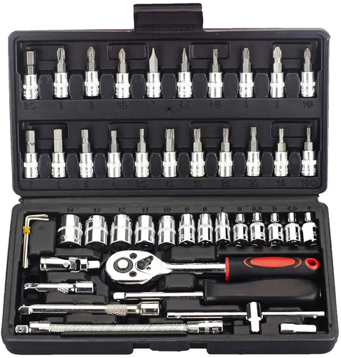 Heavy Duty Drive Socket Set With SAE And Metric Sizes displayed in blow-molded case, ratchet wrench kit with S2 and CRV sockets