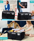 Collage of extra large moving bags for travel, moving, and organizing; featuring black bags with zippers and handles, 125L capacity, 10 pack tote.