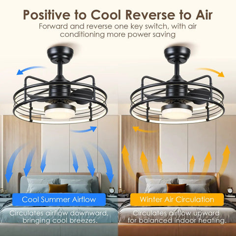 Caged Ceiling Fan With Lights In Black, Outdoor Ceiling Fan With Remote illustrating reversible airflow for summer and winter