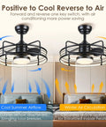 Caged Bladeless Ceiling Fan With Light Remote Control Reversible And Dimmable LED Ring Low Profile Flush Mount Black airflow directions