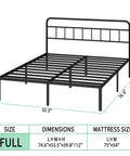 Built Tough Full Size Metal Bed Frame With Sleek Headboard And Scratch Proof Finish Black Platform Setup showcasing dimensions and metal slats.