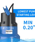 Blue submersible water pump with stainless steel base, labeled as "FOTING" and "Lowest Pump Starting Level Min 0.20"""