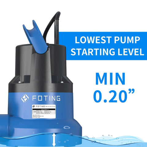 Blue submersible water pump with stainless steel base, labeled as "FOTING" and "Lowest Pump Starting Level Min 0.20"""