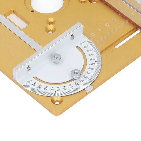 Close-up of Rock Solid Trimming Router Lift Plate With Sweet Engraved Scale, anodized aluminum with precise depth markings.