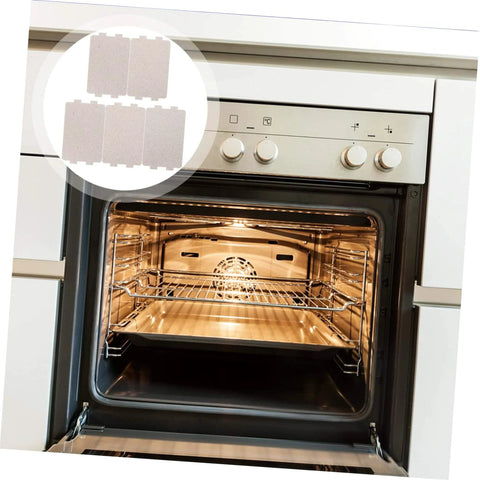 5 Pack Mica Sheets For Microwave Oven Insulation And Waveform Plate Replacement, shown with open oven for use reference.