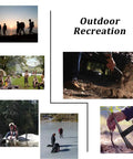 Collage of outdoor recreation activities: group hiking at sunrise, camping, ice fishing, planting, and using a survival tool in nature.