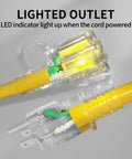 Lighted end of Heavy Duty Outdoor Extension Cord 200 Ft 12 Gauge 3 Conductor Waterproof, showing LED indicator when powered