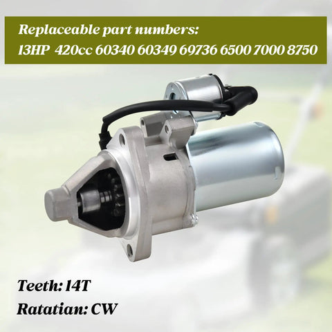 Electric Starter Motor For Honda GX340 GX390 And Predator 420cc OEM 60340 60349, 12T CW Starter, close-up view.